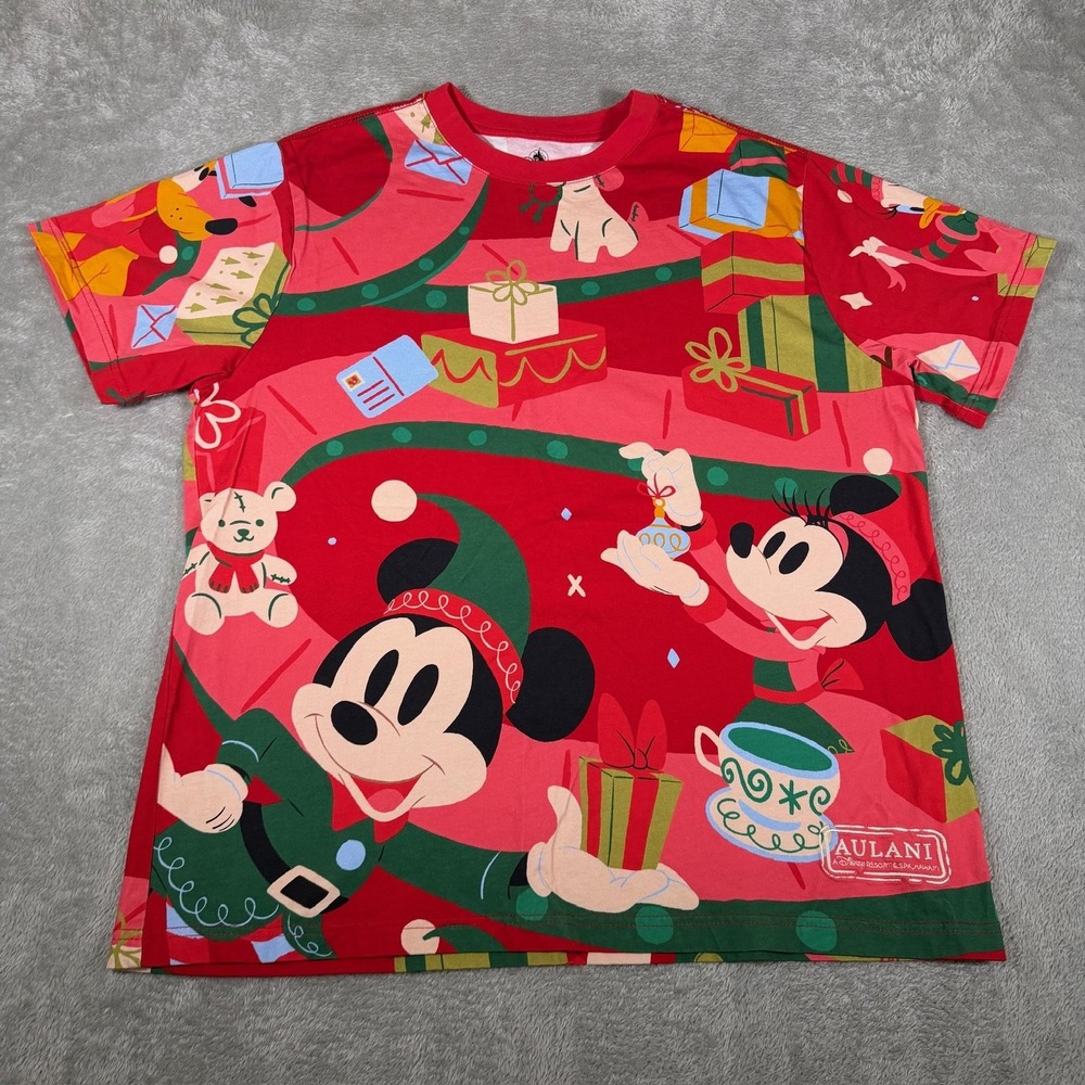 Disney‎ Aulani Shirt Mens Large Red Mickey Minnie Christmas Allover Print Goofy